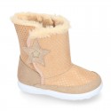 ESKIMO style kids boot shoes with hook and loop strap closure in Suede leather with STARS print design.