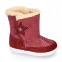 ESKIMO style kids boot shoes with hook and loop strap closure in Suede leather with STARS print design.