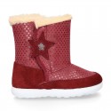 ESKIMO style kids boot shoes with hook and loop strap closure in Suede leather with STARS print design.