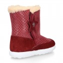 ESKIMO style kids boot shoes with hook and loop strap closure in Suede leather with STARS print design.