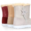 ESKIMO style kids boot shoes with hook and loop strap closure in Suede leather with STARS print design.