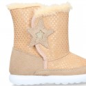 ESKIMO style kids boot shoes with hook and loop strap closure in Suede leather with STARS print design.