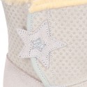 ESKIMO style kids boot shoes with hook and loop strap closure in Suede leather with STARS print design.