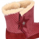 ESKIMO style kids boot shoes with hook and loop strap closure in Suede leather with STARS print design.