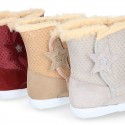 ESKIMO style kids boot shoes with hook and loop strap closure in Suede leather with STARS print design.