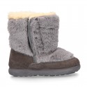 ESKIMO style kids boot shoes with hook and loop strap closure in Suede leather with FAKE HAIR.