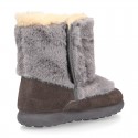 ESKIMO style kids boot shoes with hook and loop strap closure in Suede leather with FAKE HAIR.