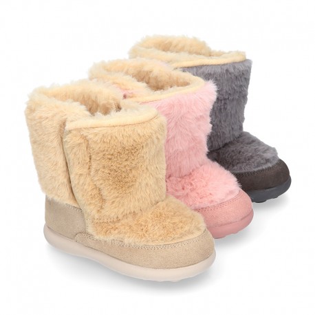 ESKIMO style kids boot shoes with hook and loop strap closure in Suede leather with FAKE HAIR.