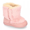 ESKIMO style kids boot shoes with hook and loop strap closure in Suede leather with FAKE HAIR.