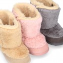 ESKIMO style kids boot shoes with hook and loop strap closure in Suede leather with FAKE HAIR.