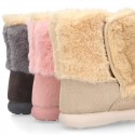 ESKIMO style kids boot shoes with hook and loop strap closure in Suede leather with FAKE HAIR.