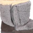 ESKIMO style kids boot shoes with hook and loop strap closure in Suede leather with FAKE HAIR.