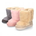 ESKIMO style kids boot shoes with hook and loop strap closure in Suede leather with FAKE HAIR.