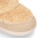 ESKIMO style kids boot shoes with hook and loop strap closure in Suede leather with FAKE HAIR.