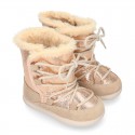 ESKIMO style kids boot shoes with hook and loop strap closure in COMBINATED Suede leather.