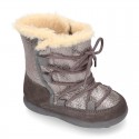 ESKIMO style kids boot shoes with hook and loop strap closure in COMBINATED Suede leather.