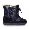 ESKIMO style kids boot shoes with hook and loop strap closure in COMBINATED Suede leather.