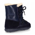 ESKIMO style kids boot shoes with hook and loop strap closure in COMBINATED Suede leather.