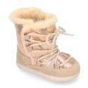 ESKIMO style kids boot shoes with hook and loop strap closure in COMBINATED Suede leather.