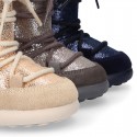 ESKIMO style kids boot shoes with hook and loop strap closure in COMBINATED Suede leather.