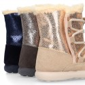 ESKIMO style kids boot shoes with hook and loop strap closure in COMBINATED Suede leather.