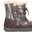 ESKIMO style kids boot shoes with hook and loop strap closure in COMBINATED Suede leather.