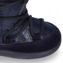 ESKIMO style kids boot shoes with hook and loop strap closure in COMBINATED Suede leather.