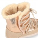 ESKIMO style kids boot shoes with hook and loop strap closure in COMBINATED Suede leather.