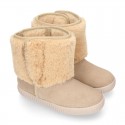 ESKIMO style Large kids boot shoes with hook and loop strap closure in Suede leather with FAKE HAIR.