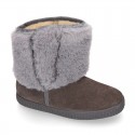 ESKIMO style Large kids boot shoes with hook and loop strap closure in Suede leather with FAKE HAIR.