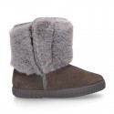 ESKIMO style Large kids boot shoes with hook and loop strap closure in Suede leather with FAKE HAIR.