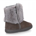 ESKIMO style Large kids boot shoes with hook and loop strap closure in Suede leather with FAKE HAIR.