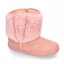 ESKIMO style Large kids boot shoes with hook and loop strap closure in Suede leather with FAKE HAIR.