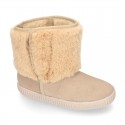 ESKIMO style Large kids boot shoes with hook and loop strap closure in Suede leather with FAKE HAIR.