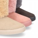 ESKIMO style Large kids boot shoes with hook and loop strap closure in Suede leather with FAKE HAIR.