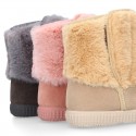 ESKIMO style Large kids boot shoes with hook and loop strap closure in Suede leather with FAKE HAIR.