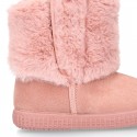 ESKIMO style Large kids boot shoes with hook and loop strap closure in Suede leather with FAKE HAIR.