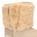 ESKIMO style Large kids boot shoes with hook and loop strap closure in Suede leather with FAKE HAIR.