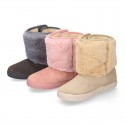 ESKIMO style Large kids boot shoes with hook and loop strap closure in Suede leather with FAKE HAIR.