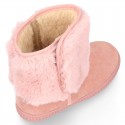 ESKIMO style Large kids boot shoes with hook and loop strap closure in Suede leather with FAKE HAIR.