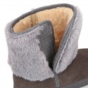 ESKIMO style Large kids boot shoes with hook and loop strap closure in Suede leather with FAKE HAIR.