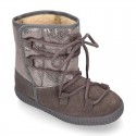 ESKIMO style large kids boot shoes with hook and loop strap closure in COMBINATED Suede leather.