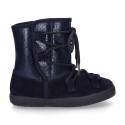 ESKIMO style large kids boot shoes with hook and loop strap closure in COMBINATED Suede leather.