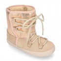 ESKIMO style large kids boot shoes with hook and loop strap closure in COMBINATED Suede leather.