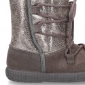 ESKIMO style large kids boot shoes with hook and loop strap closure in COMBINATED Suede leather.
