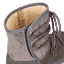 ESKIMO style large kids boot shoes with hook and loop strap closure in COMBINATED Suede leather.