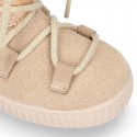 ESKIMO style large kids boot shoes with hook and loop strap closure in COMBINATED Suede leather.