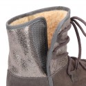 ESKIMO style large kids boot shoes with hook and loop strap closure in COMBINATED Suede leather.