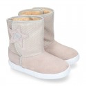 ESKIMO style large kids boot shoes with hook and loop strap closure in Suede leather with STARS print design.