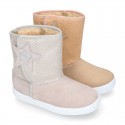 ESKIMO style large kids boot shoes with hook and loop strap closure in Suede leather with STARS print design.